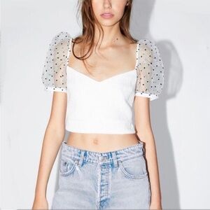 Zara Organza Puff Sleeve Crop Top White Sheer Mesh Velvet Dot Side Zip Small